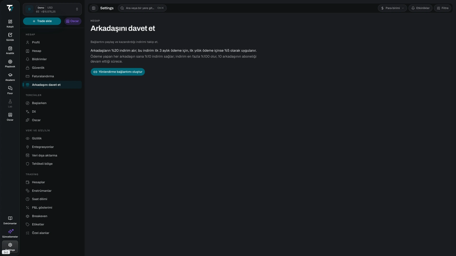 Referral page with the referral link, statistics, and the referred friends table
