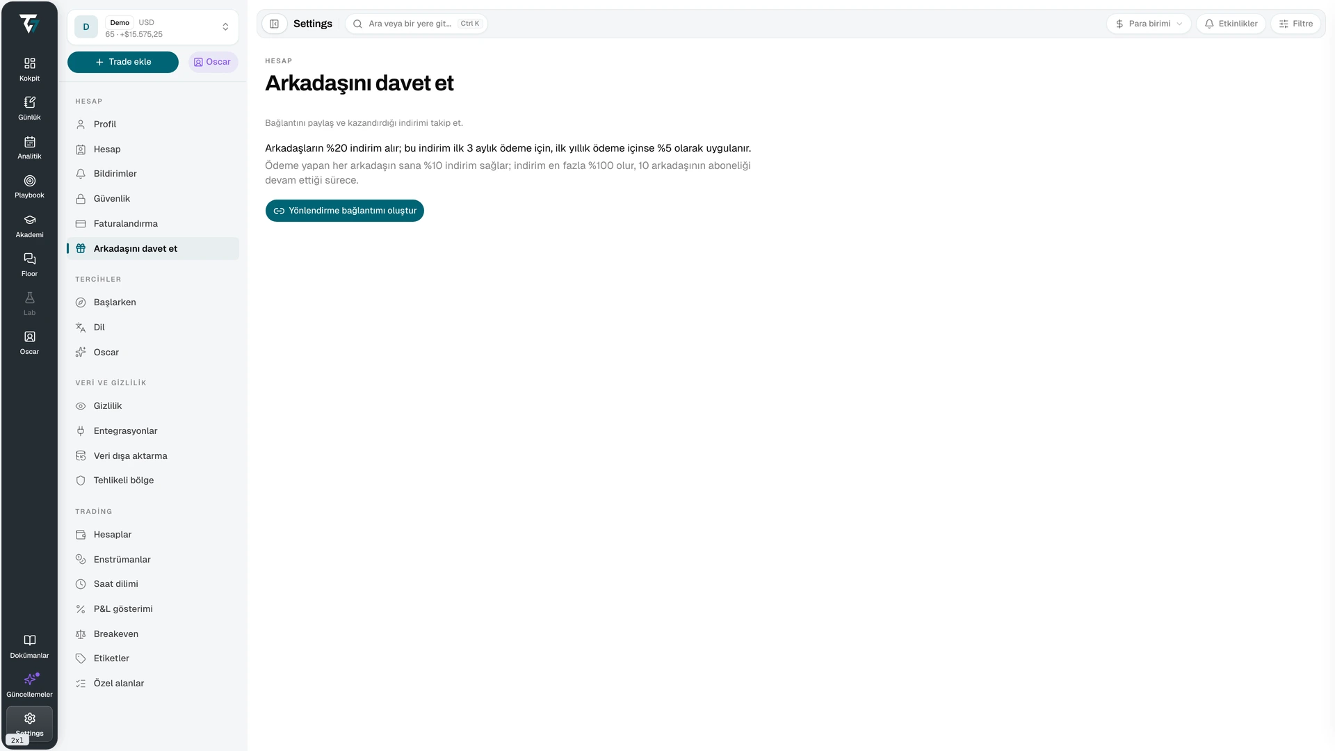 Referral page with the referral link, statistics, and the referred friends table