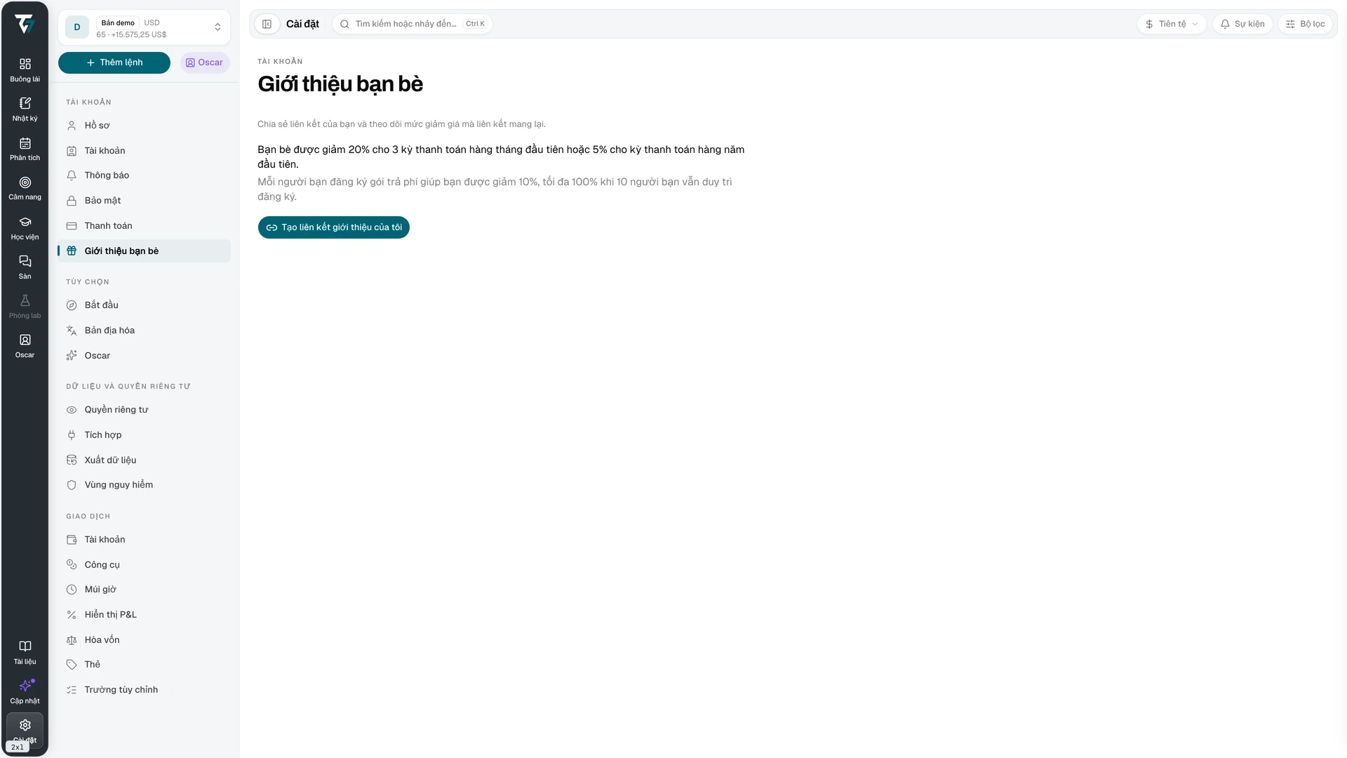 Referral page with the referral link, statistics, and the referred friends table