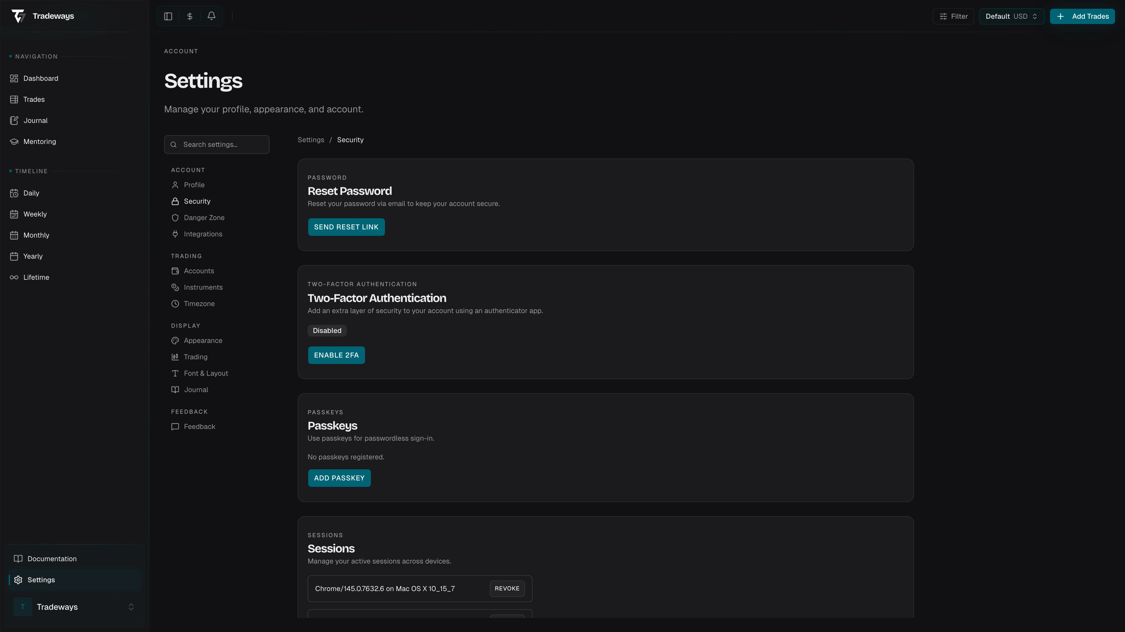 Security settings page with two-factor authentication section