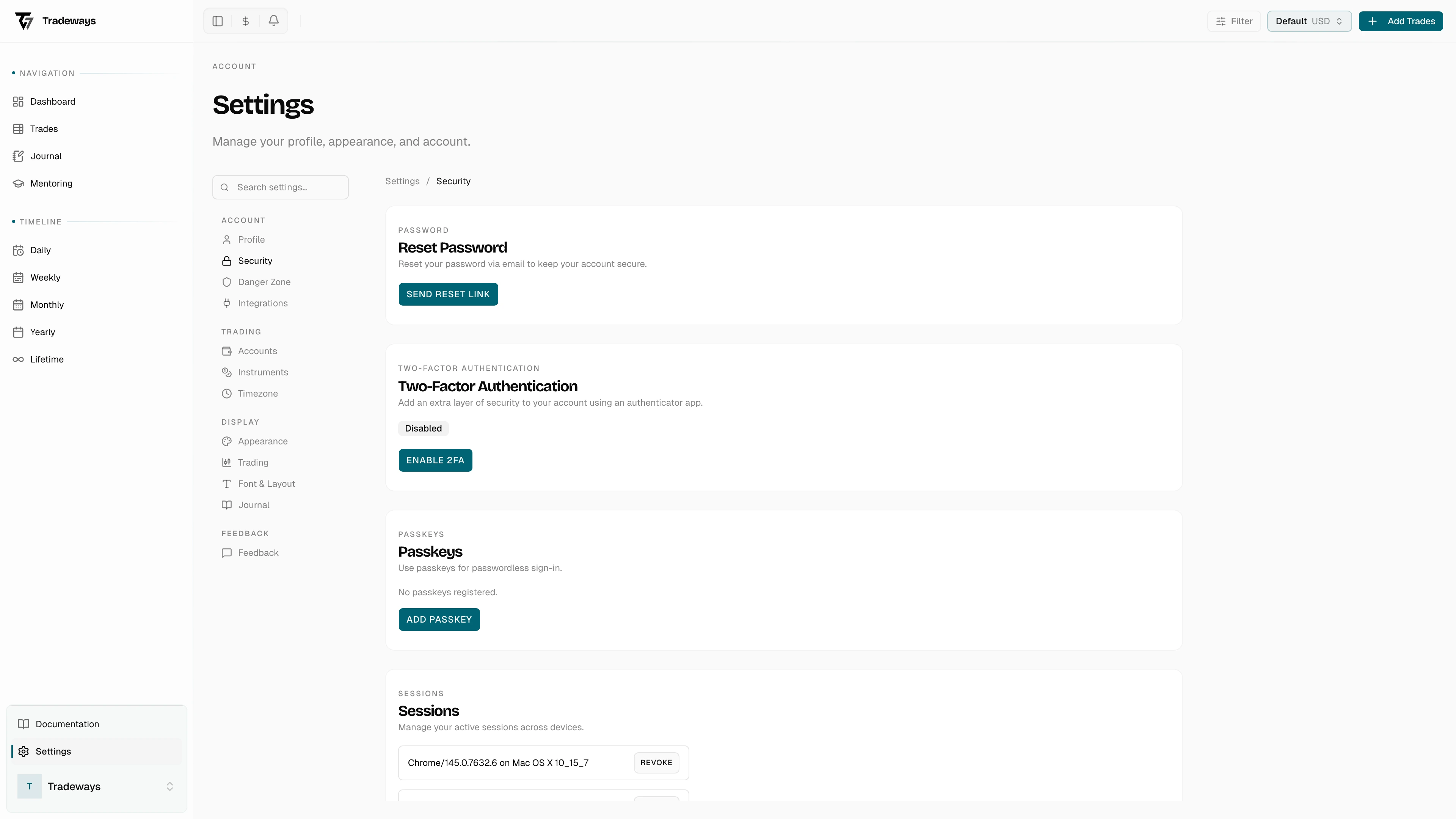 Security settings page with two-factor authentication section
