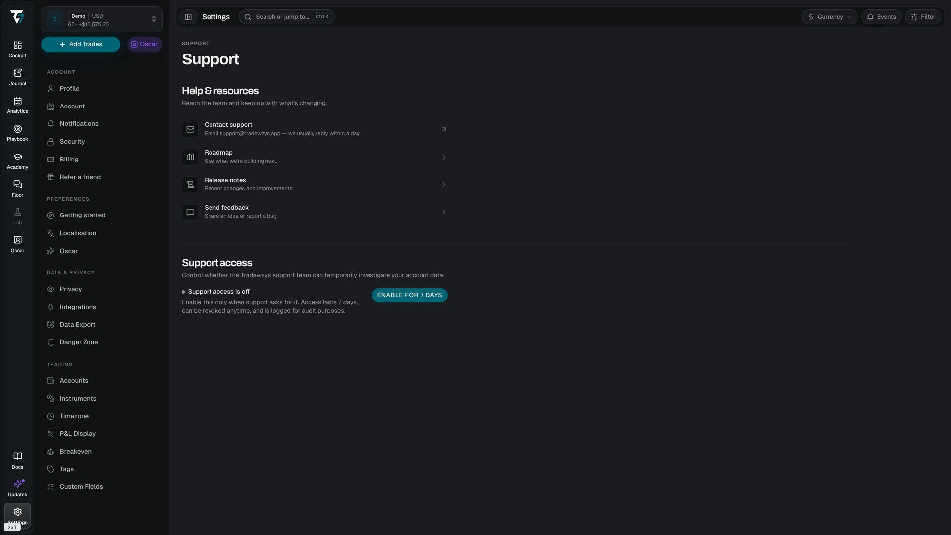 Support settings with help resources and the support access control
