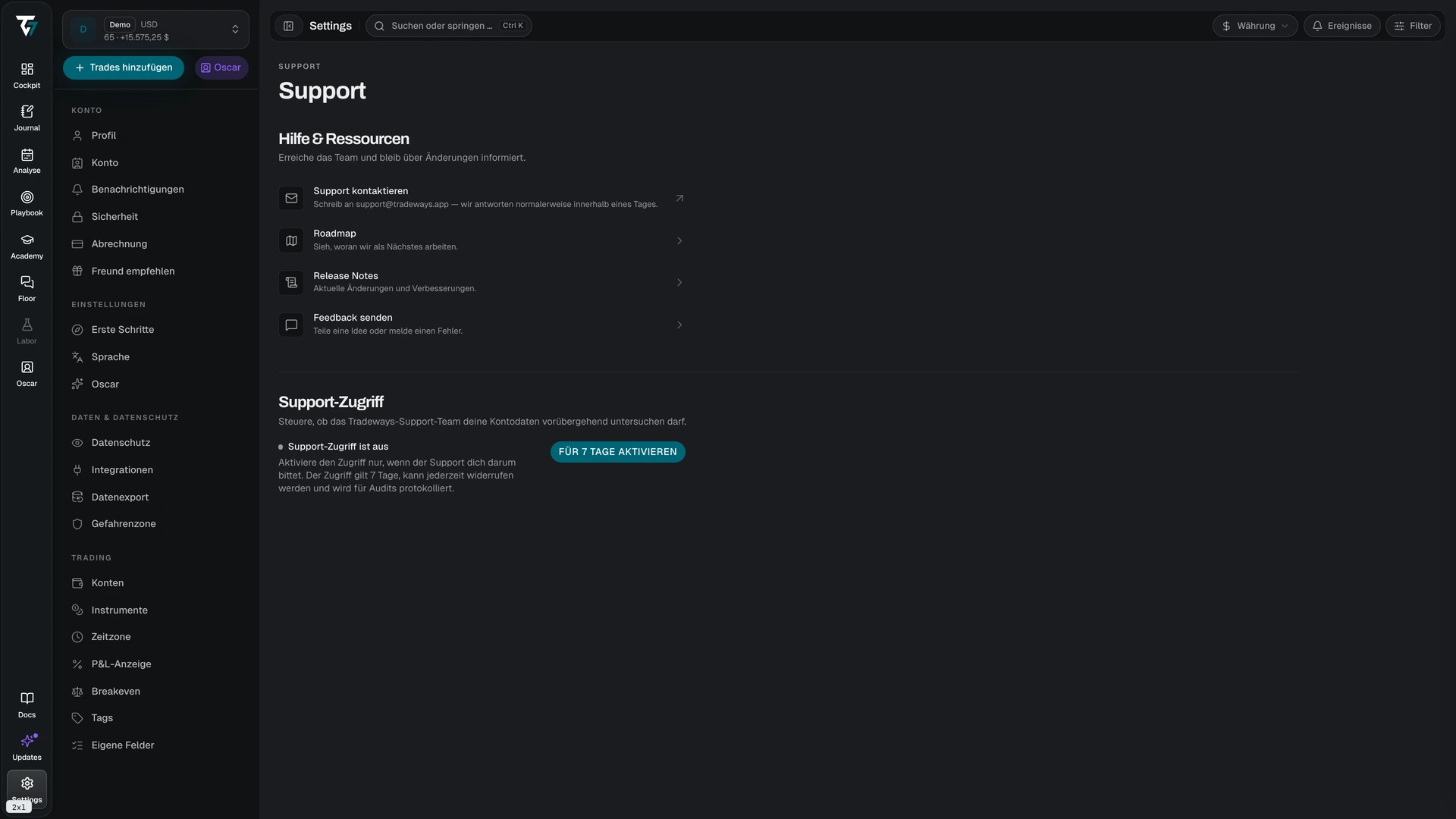 Support settings with help resources and the support access control