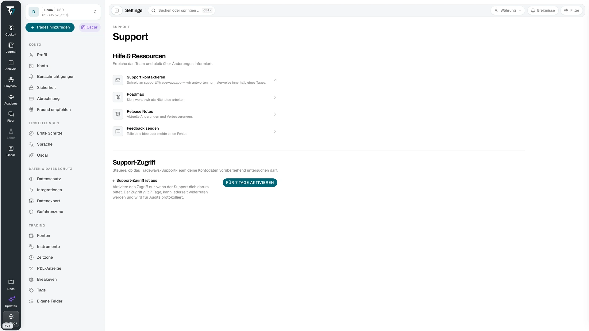 Support settings with help resources and the support access control