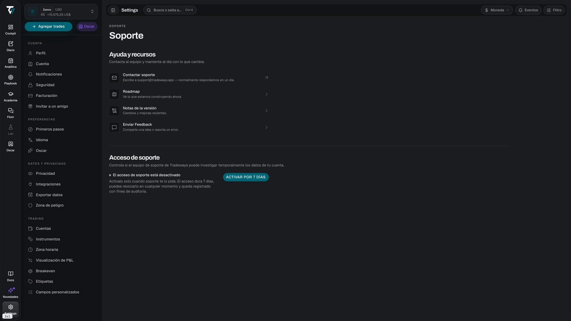 Support settings with help resources and the support access control
