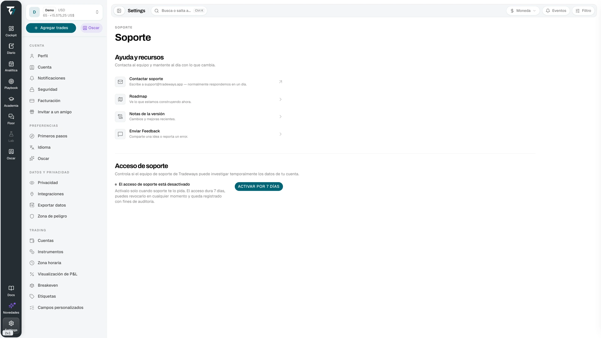 Support settings with help resources and the support access control