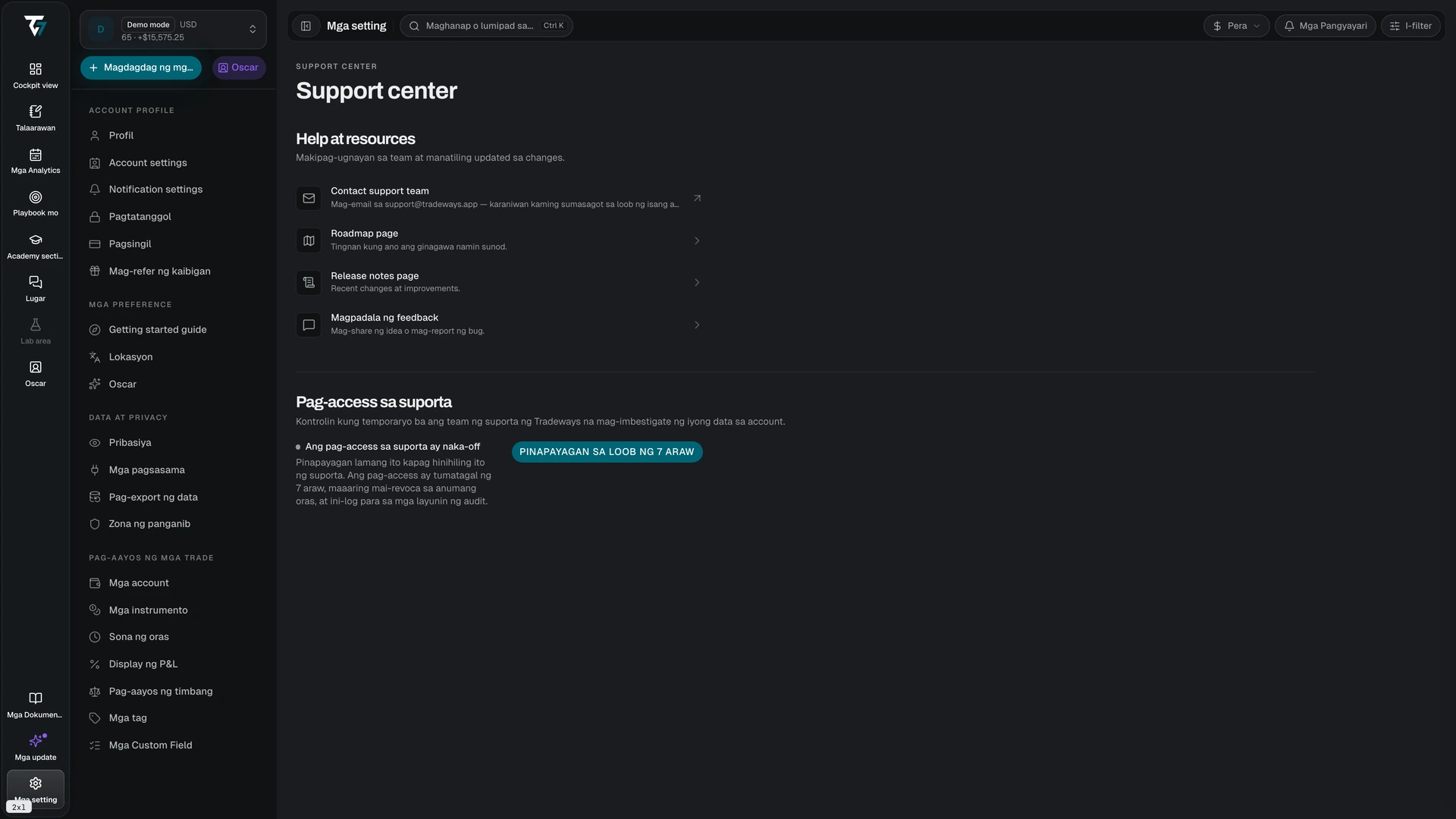 Support settings with help resources and the support access control
