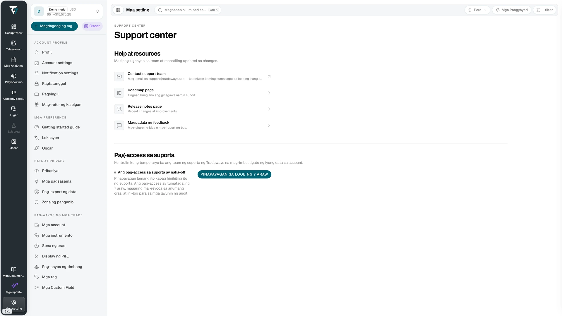 Support settings with help resources and the support access control