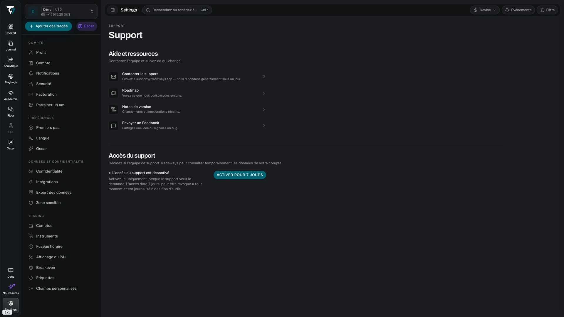 Support settings with help resources and the support access control