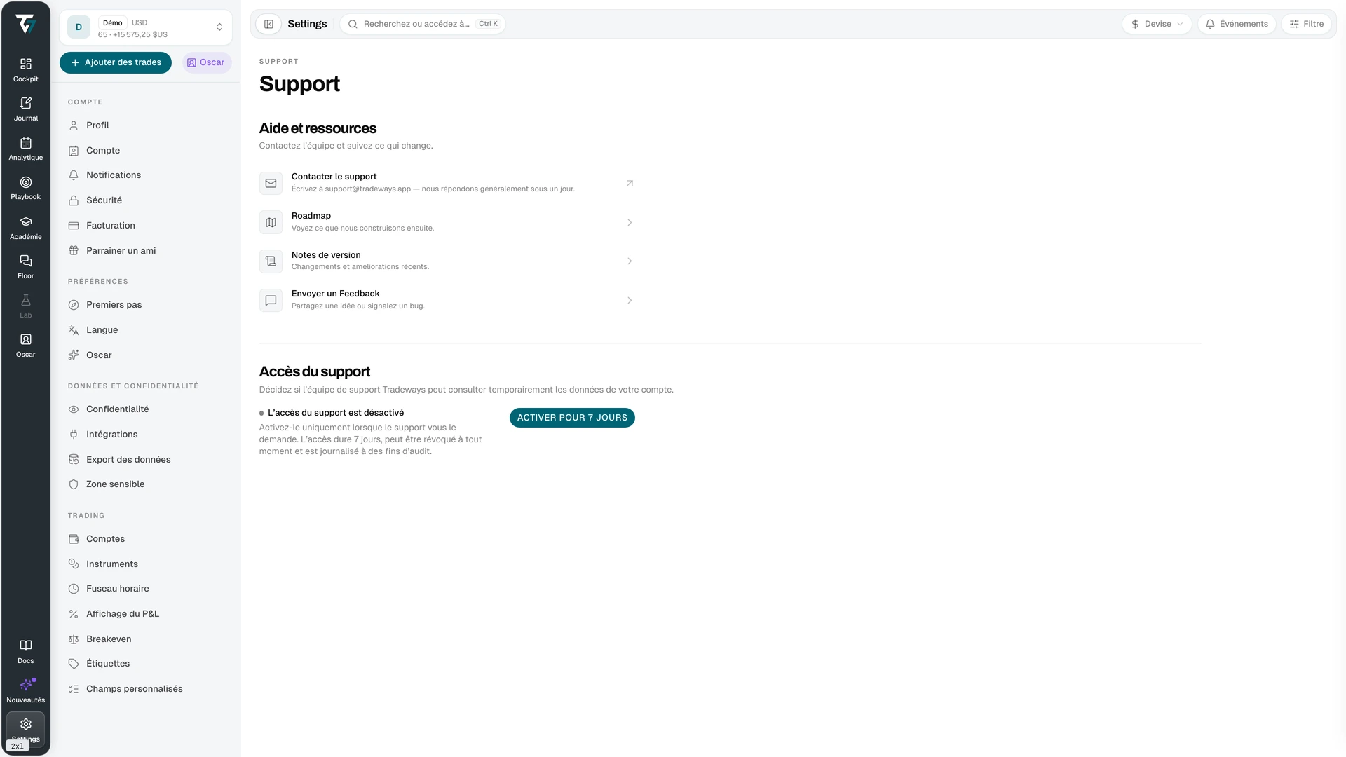 Support settings with help resources and the support access control