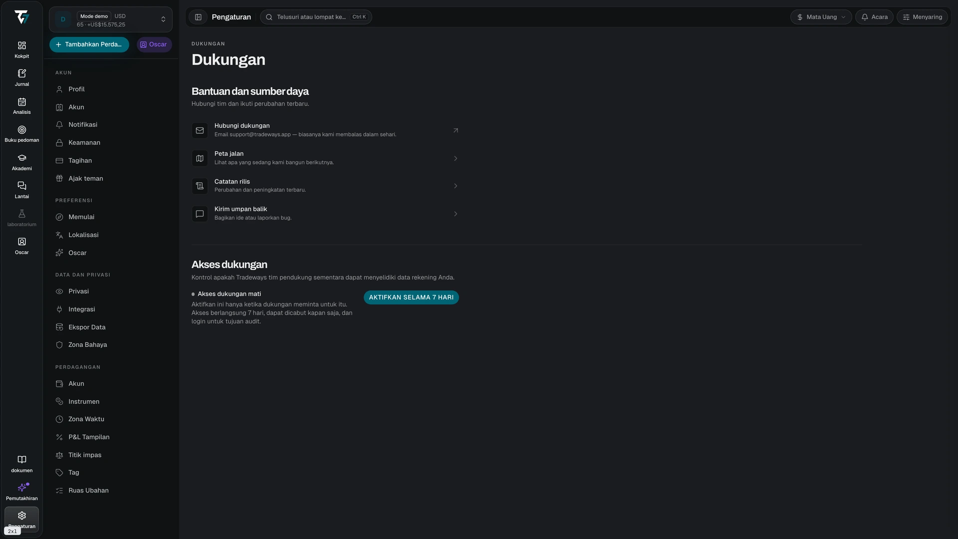 Support settings with help resources and the support access control