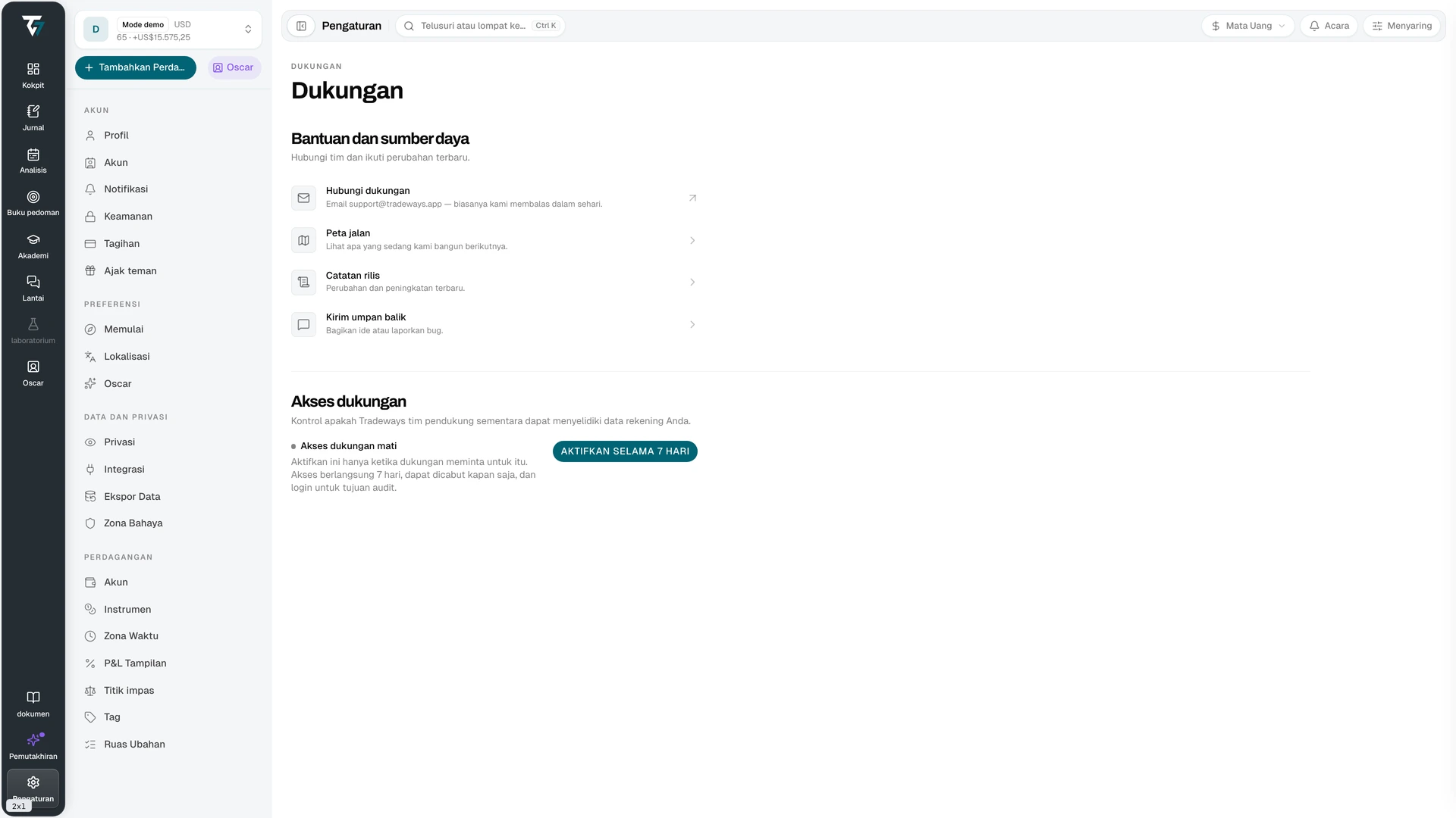 Support settings with help resources and the support access control