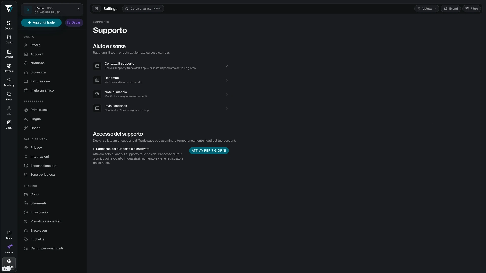 Support settings with help resources and the support access control