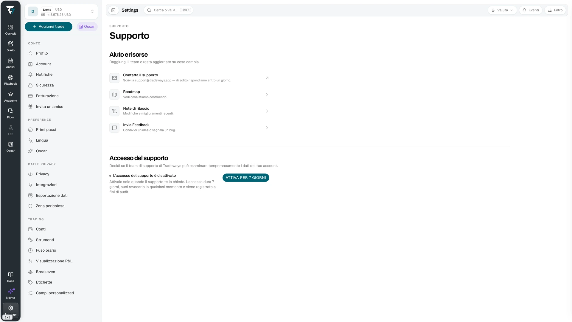 Support settings with help resources and the support access control