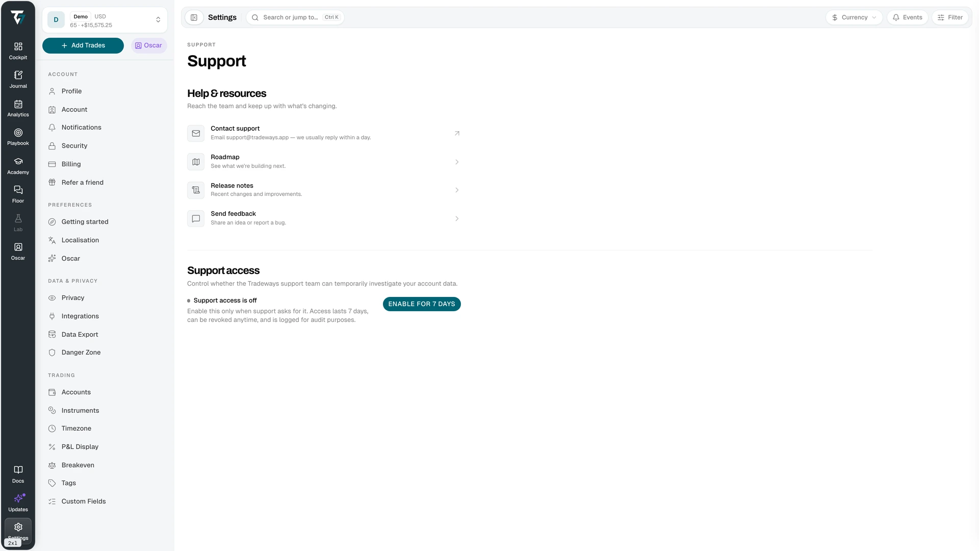 Support settings with help resources and the support access control