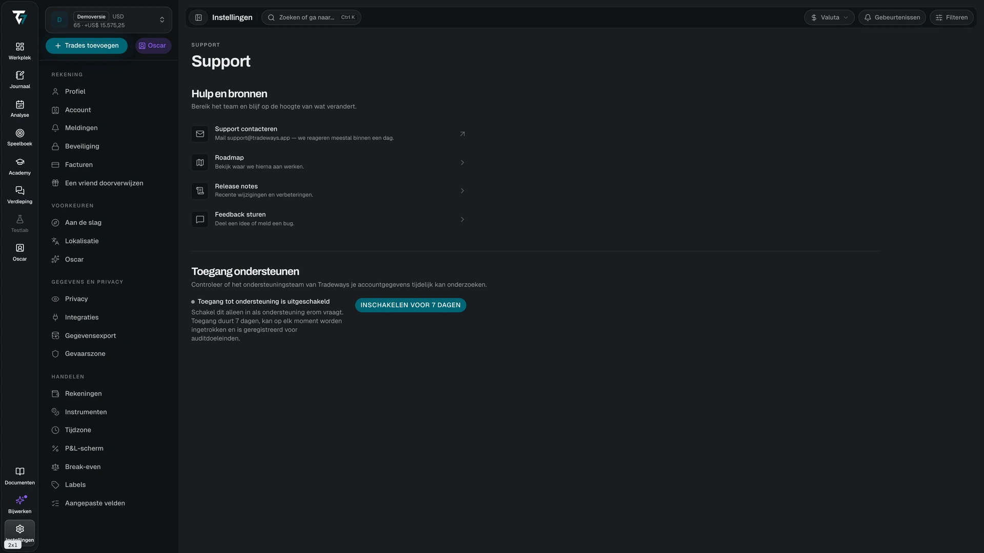 Support settings with help resources and the support access control