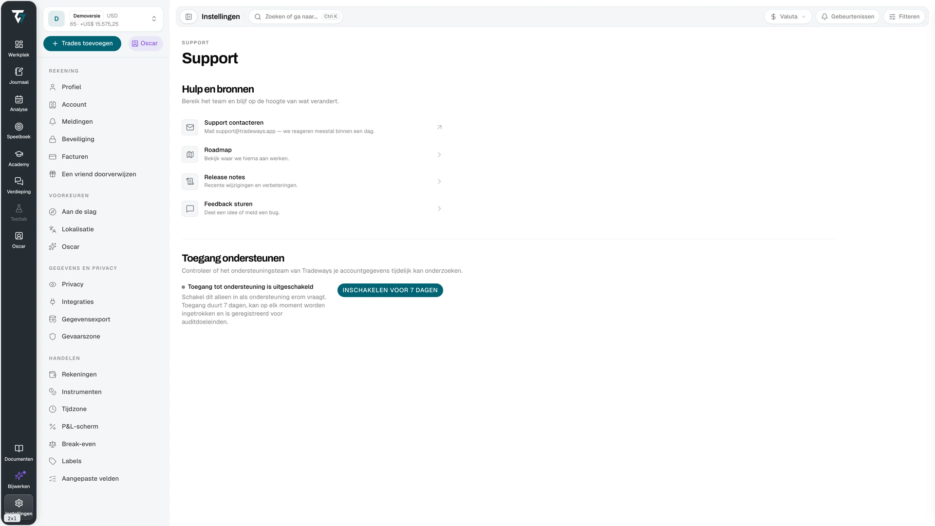 Support settings with help resources and the support access control