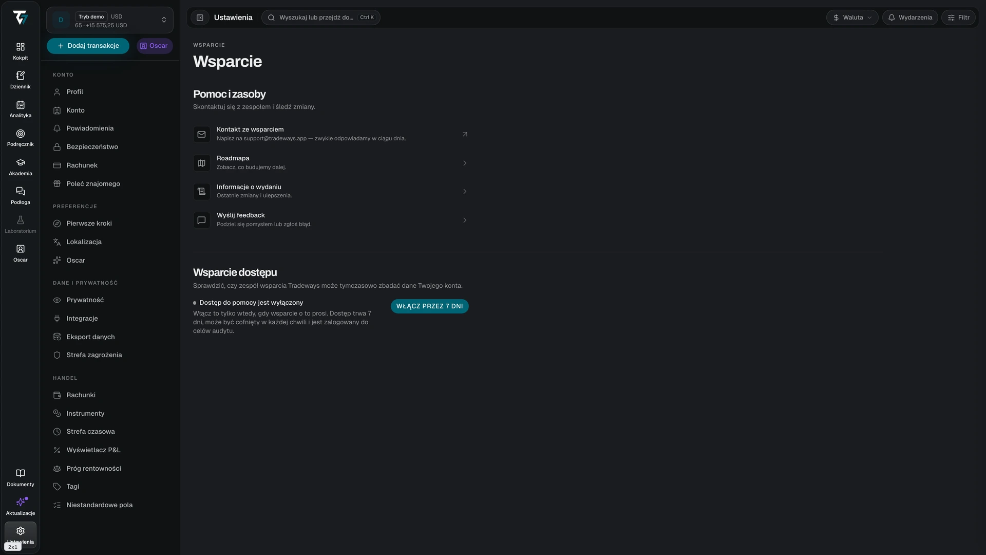 Support settings with help resources and the support access control