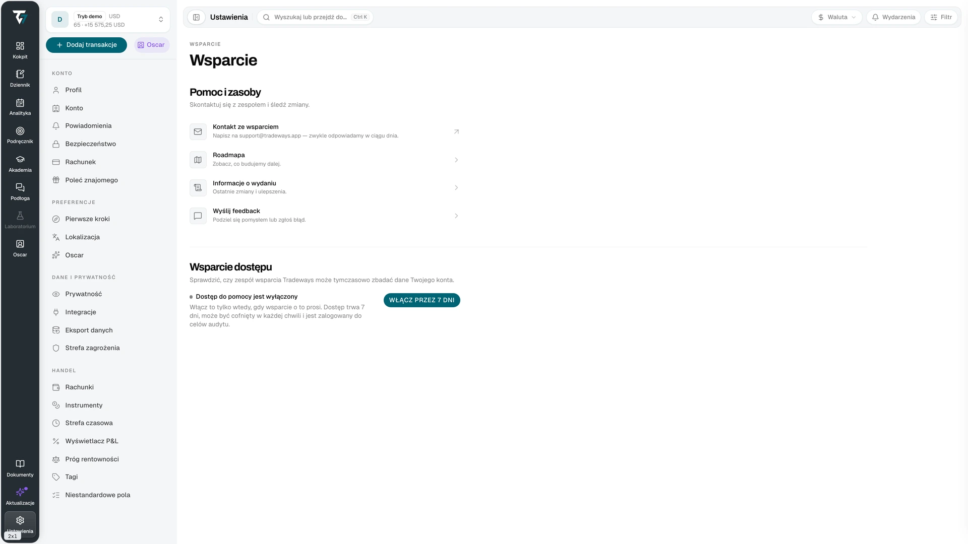 Support settings with help resources and the support access control