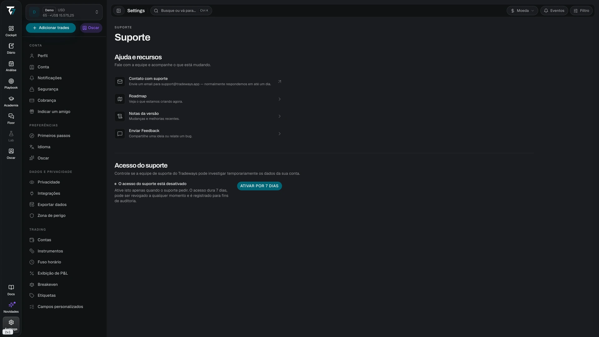 Support settings with help resources and the support access control