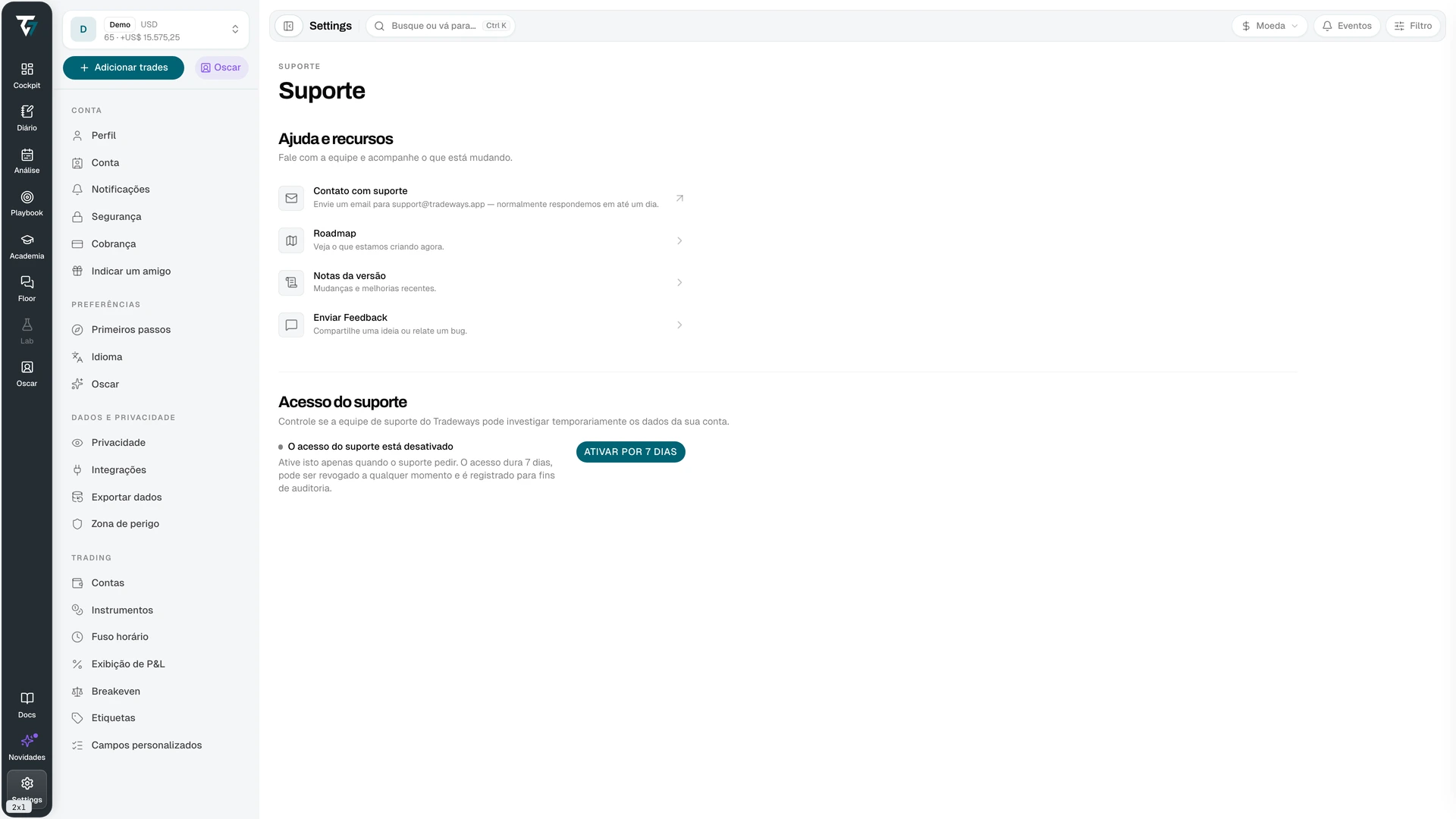 Support settings with help resources and the support access control