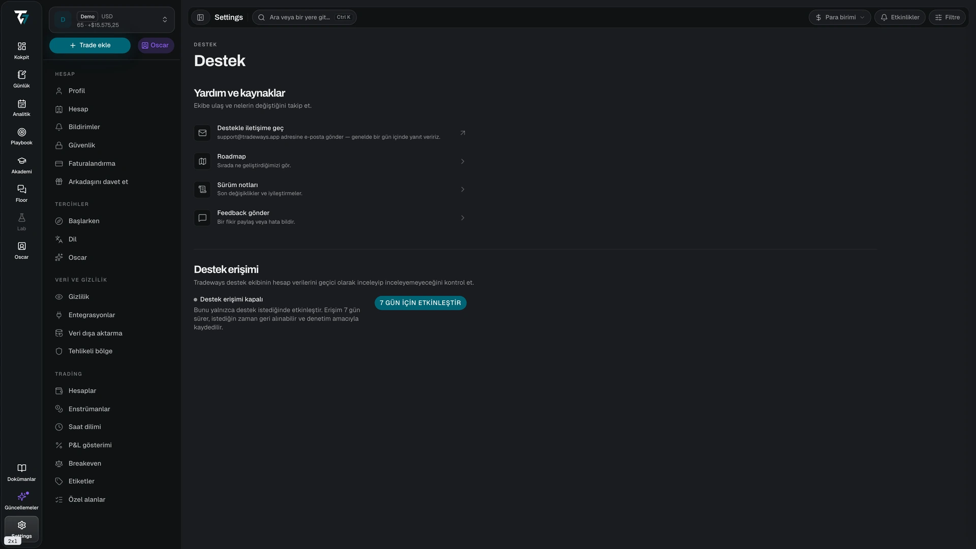 Support settings with help resources and the support access control