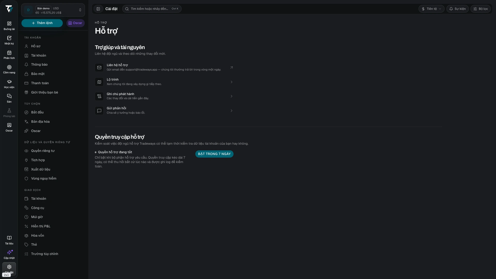 Support settings with help resources and the support access control