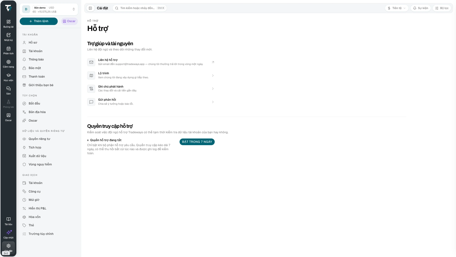 Support settings with help resources and the support access control