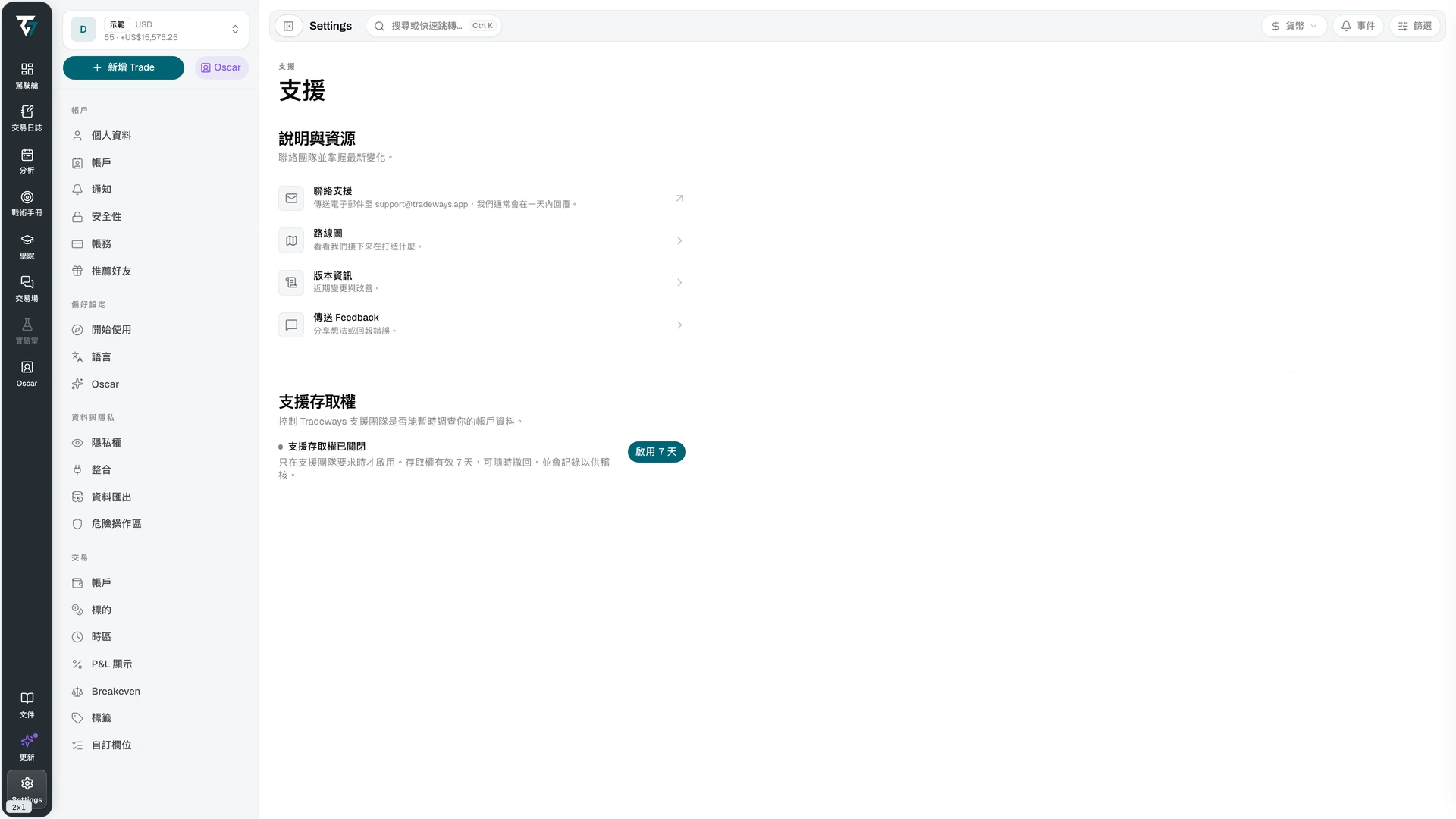 Support settings with help resources and the support access control