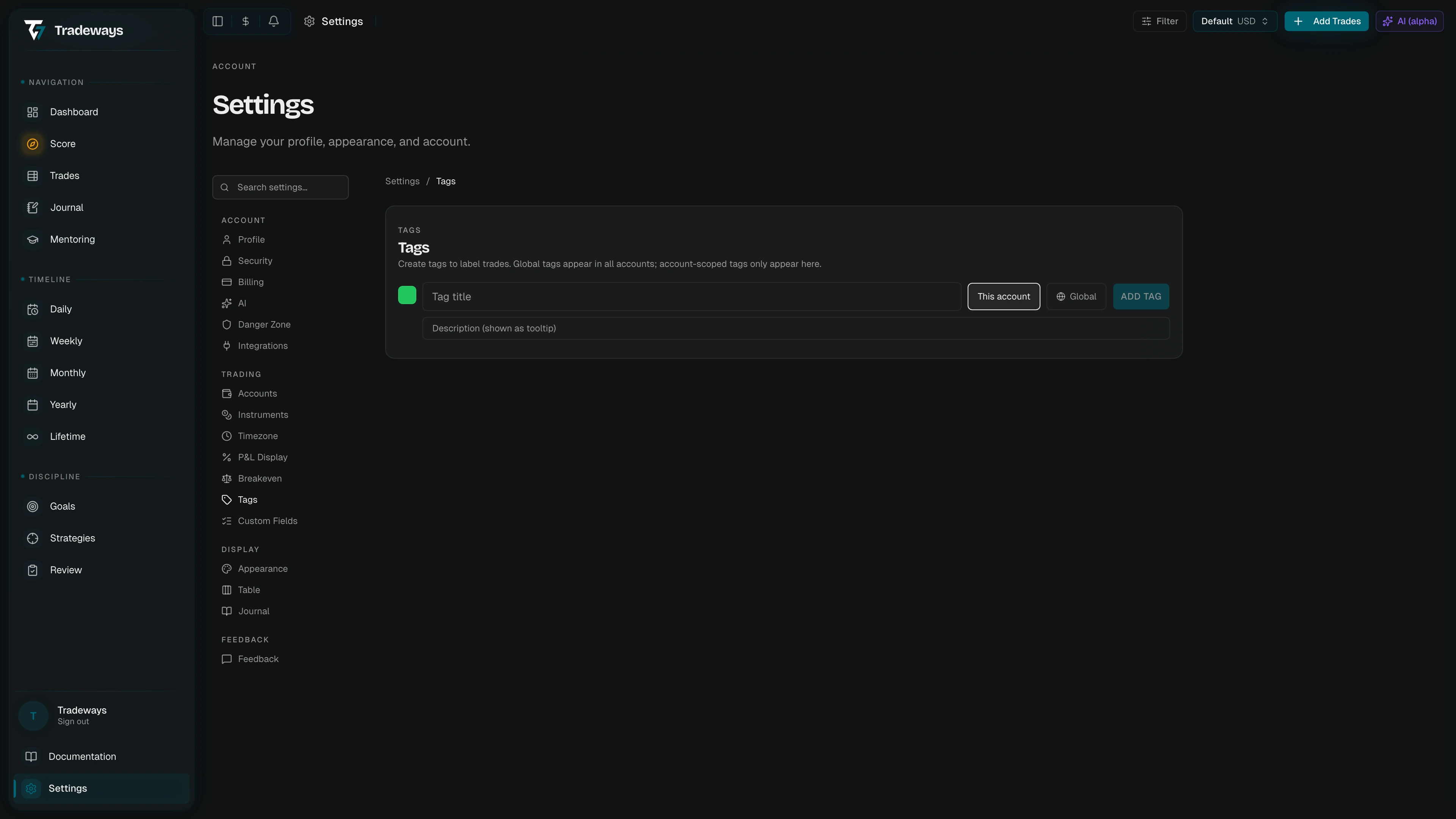 Tags management page with tag list and add form