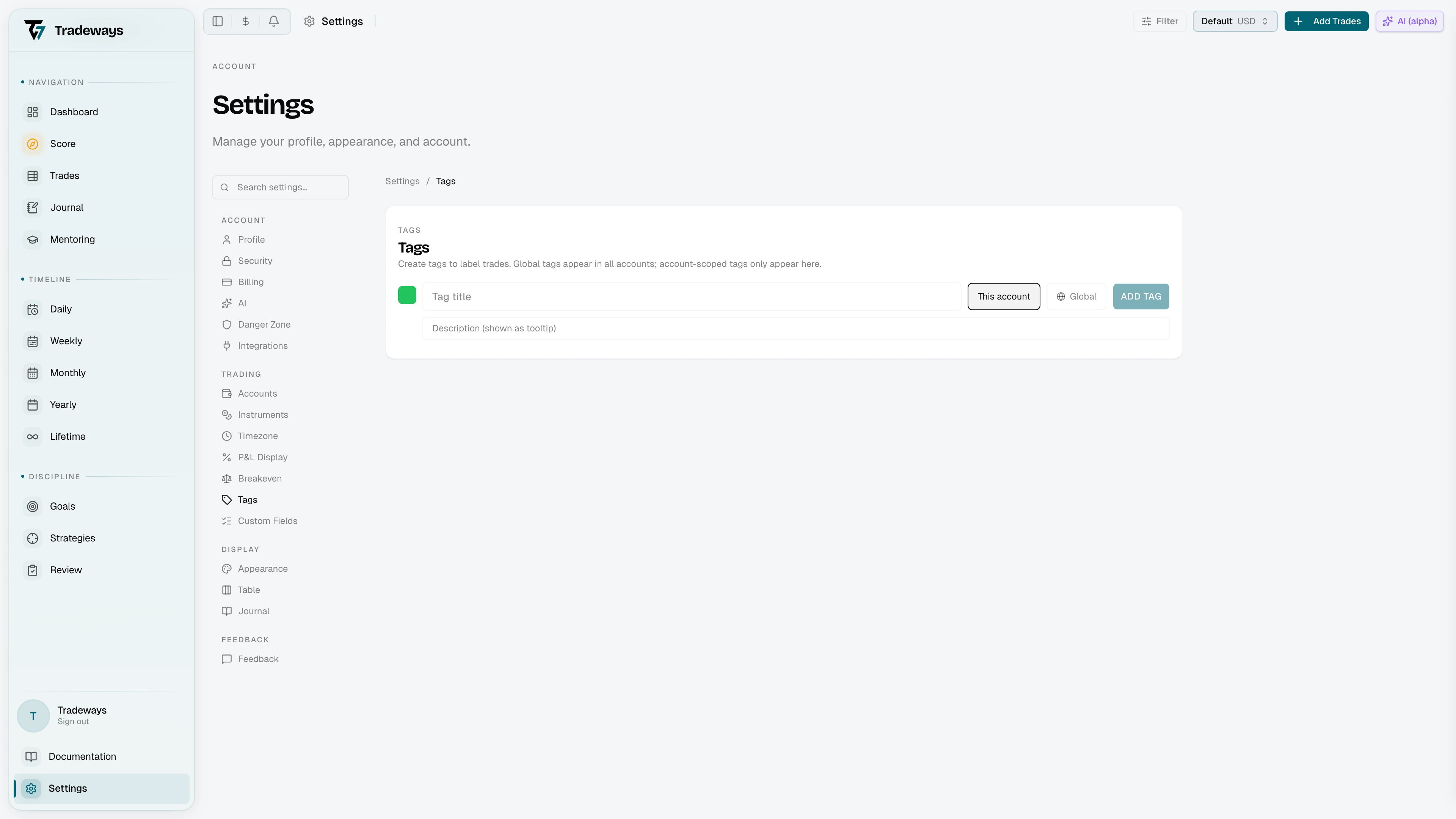Tags management page with tag list and add form