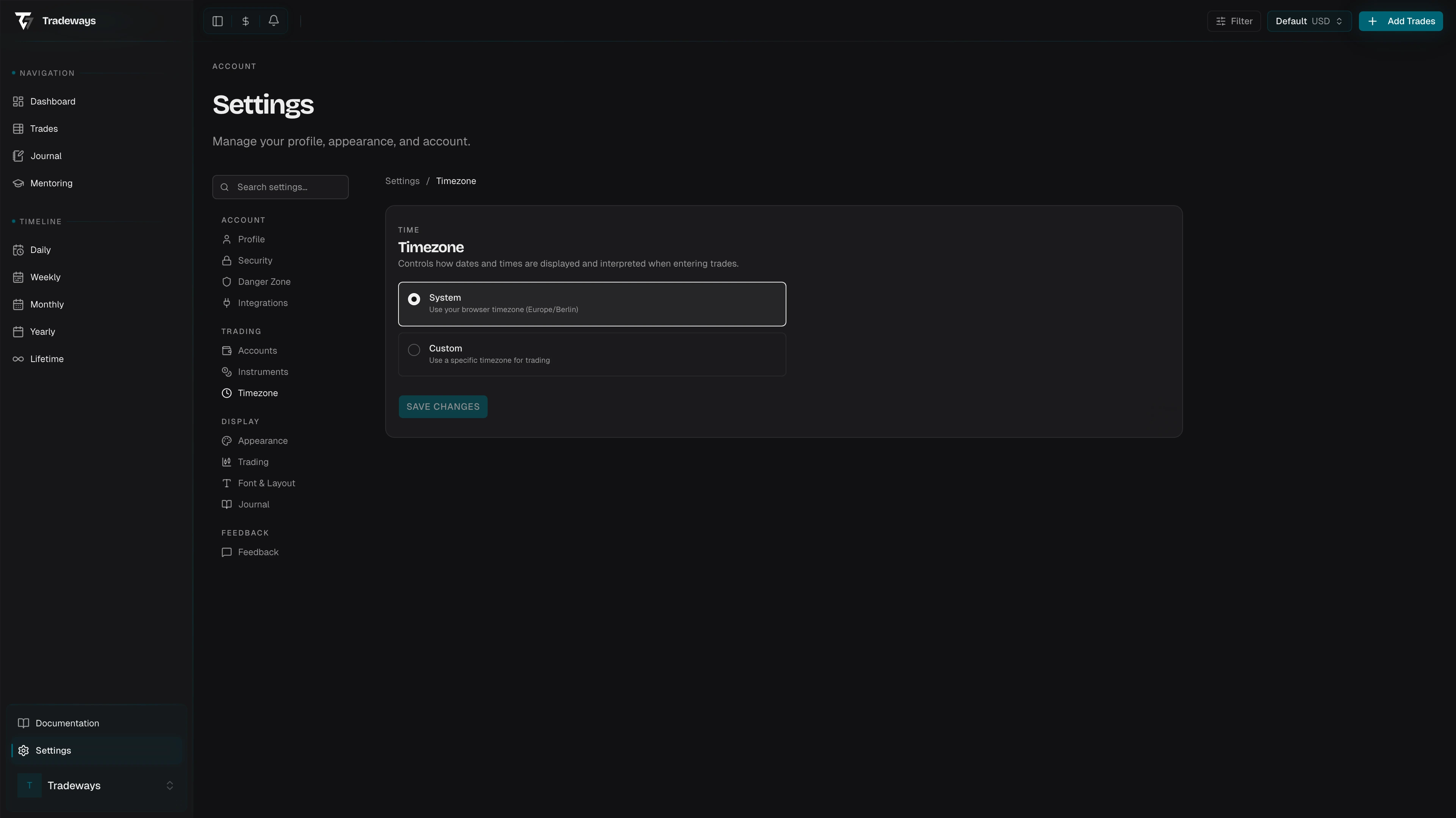Timezone settings with system and custom options