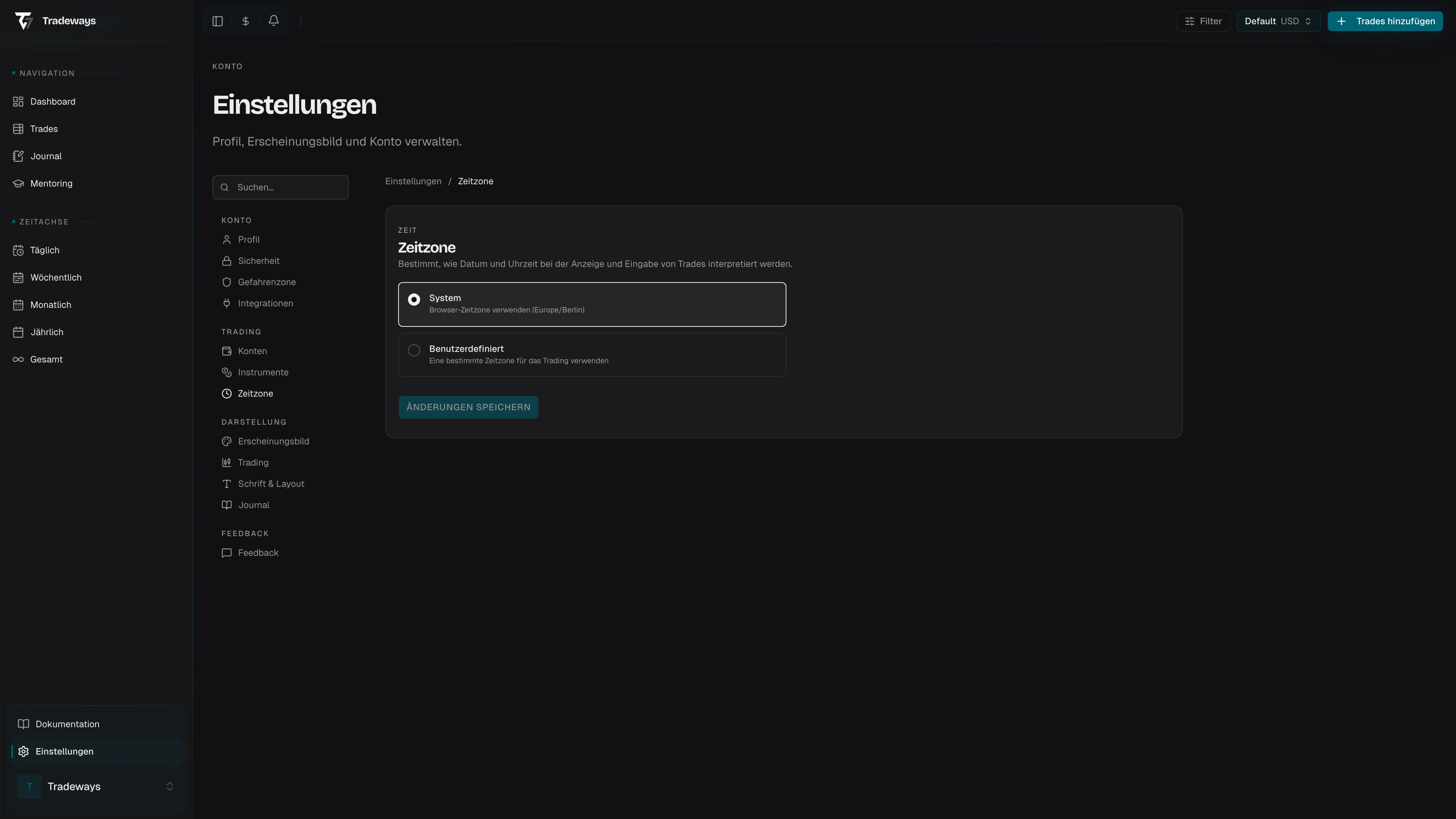 Zeitzonen-Einstellungen mit System- und benutzerdefinierten Optionen