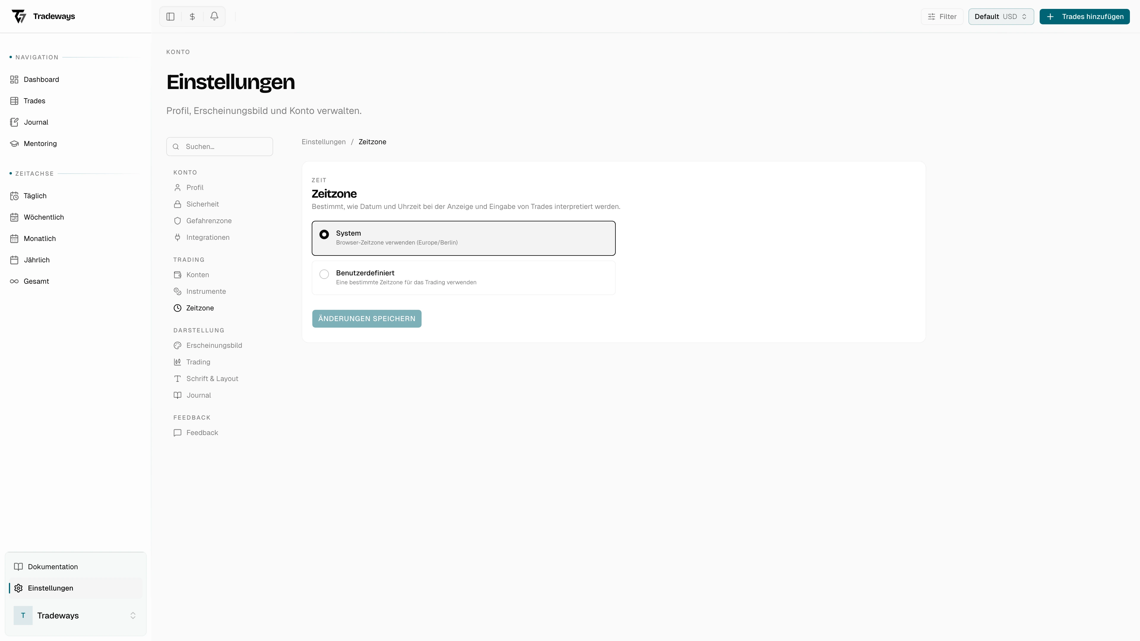 Zeitzonen-Einstellungen mit System- und benutzerdefinierten Optionen