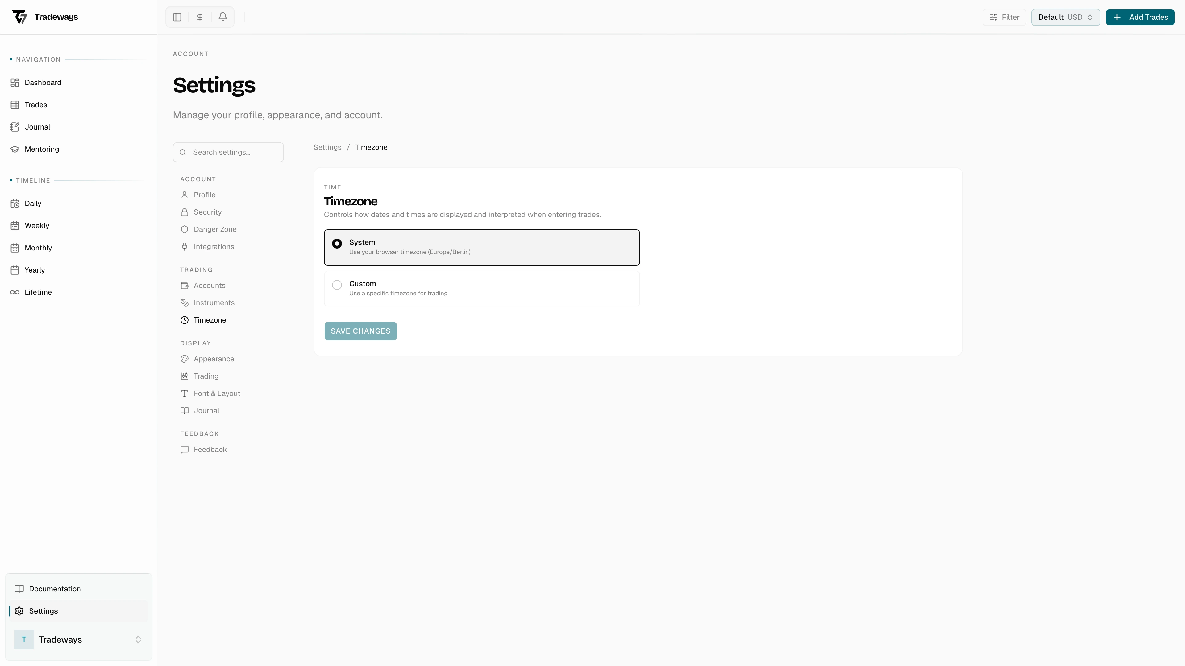 Timezone settings with system and custom options