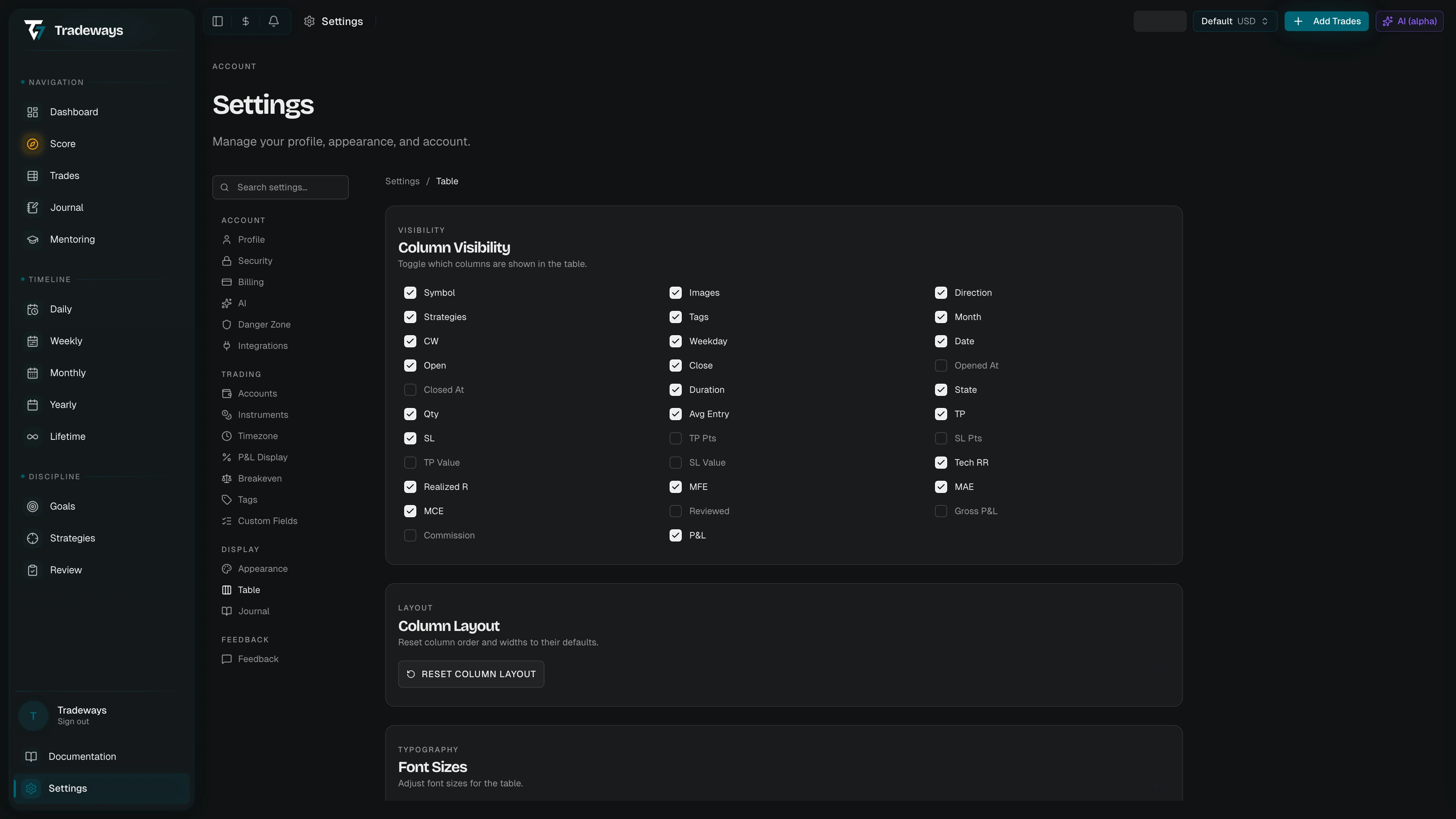 Trade table settings with column visibility, layout reset, font size, and cell alignment sections
