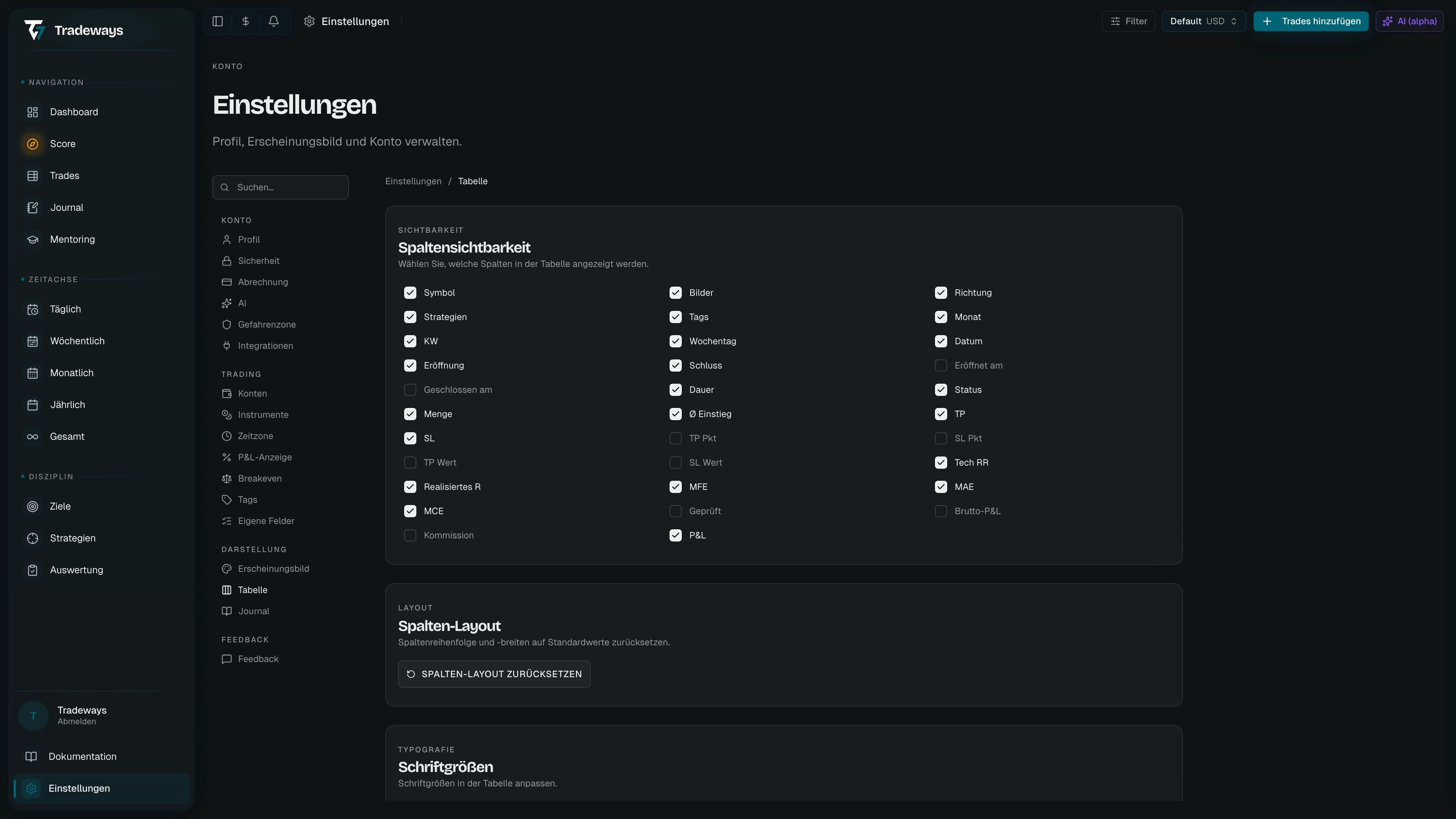 Einstellungen der Trade-Tabelle mit Spaltensichtbarkeit, Layout-Reset, Schriftgrößen und Zellenausrichtung