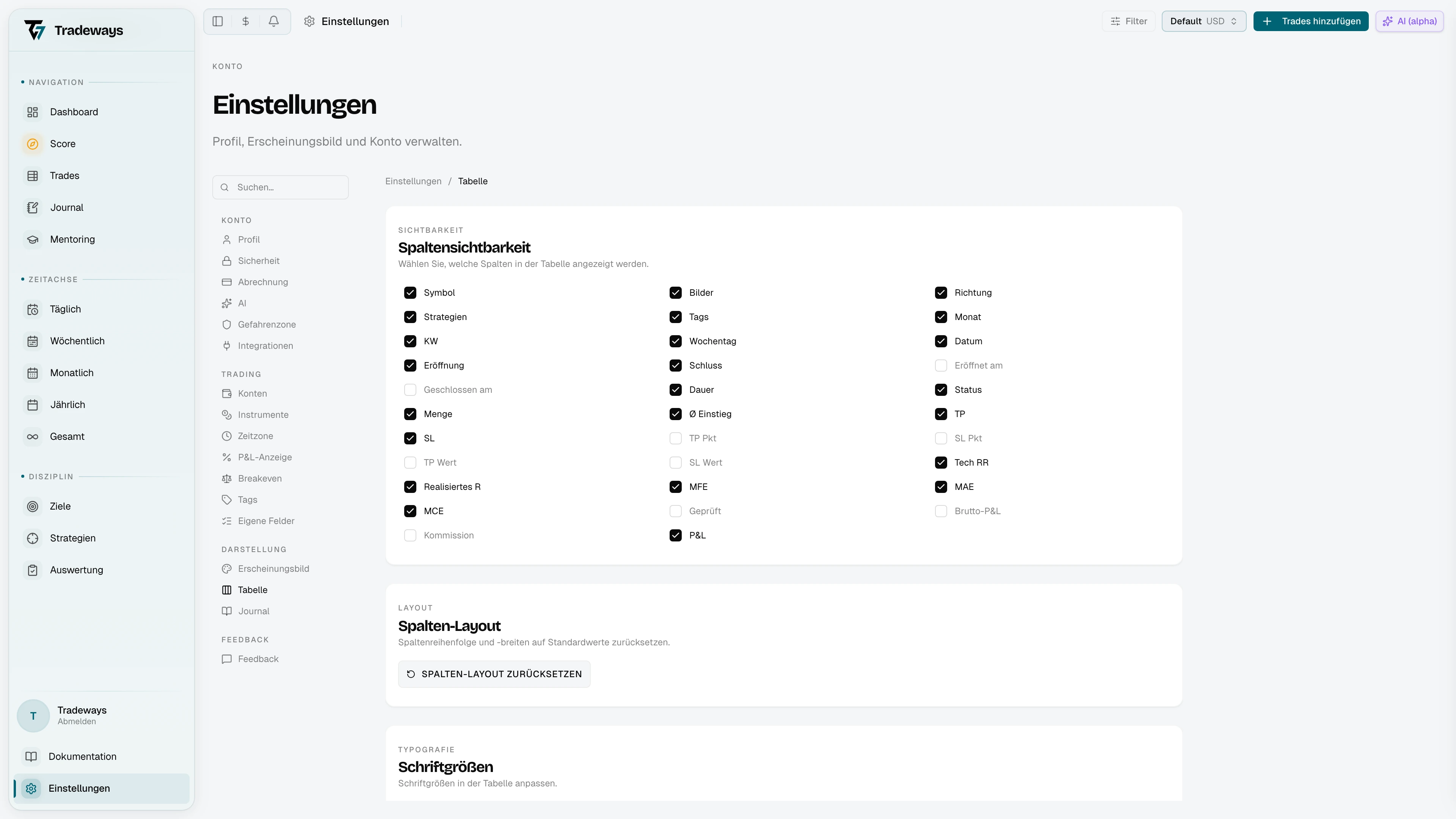 Einstellungen der Trade-Tabelle mit Spaltensichtbarkeit, Layout-Reset, Schriftgrößen und Zellenausrichtung