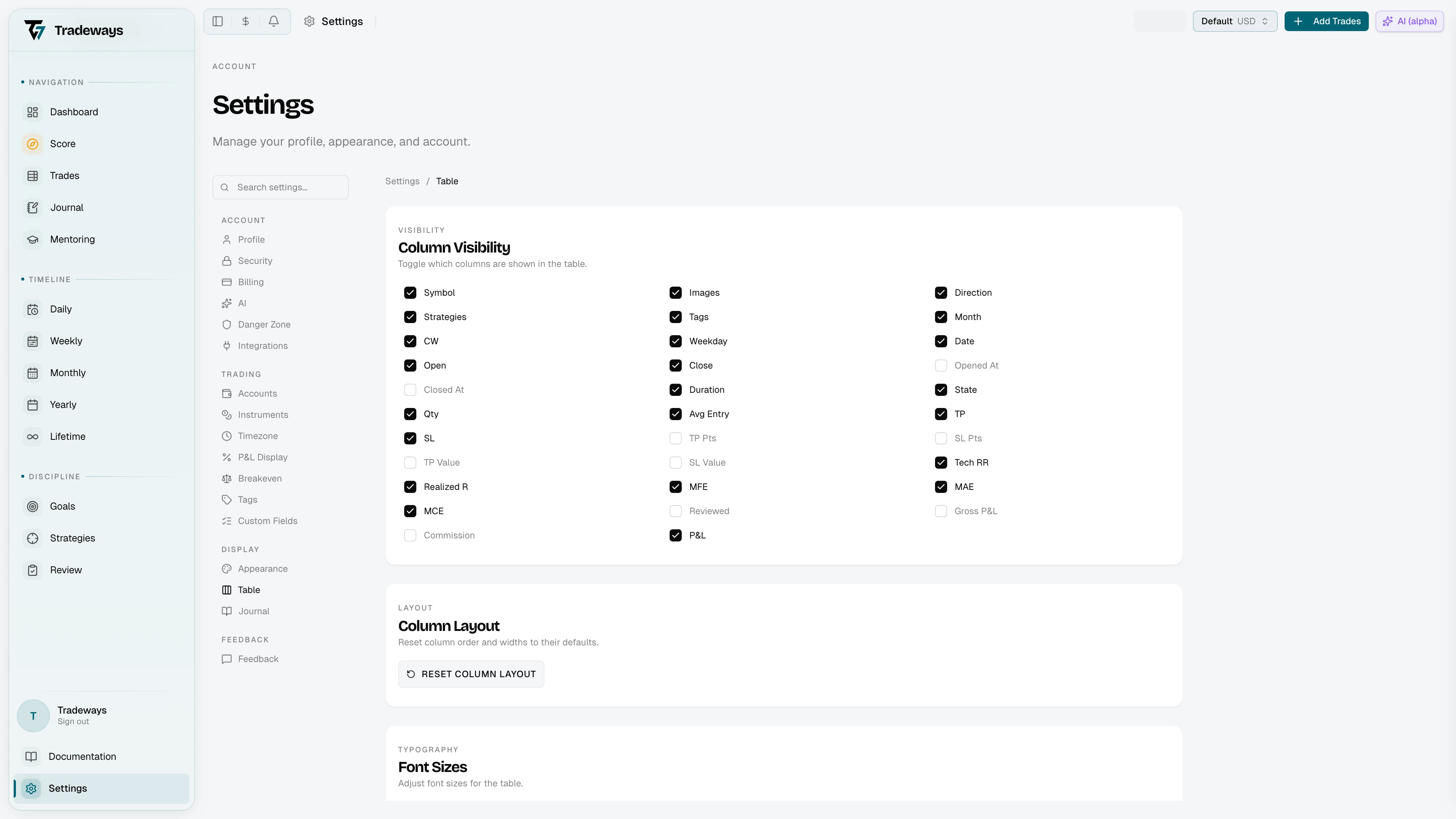 Trade table settings with column visibility, layout reset, font size, and cell alignment sections