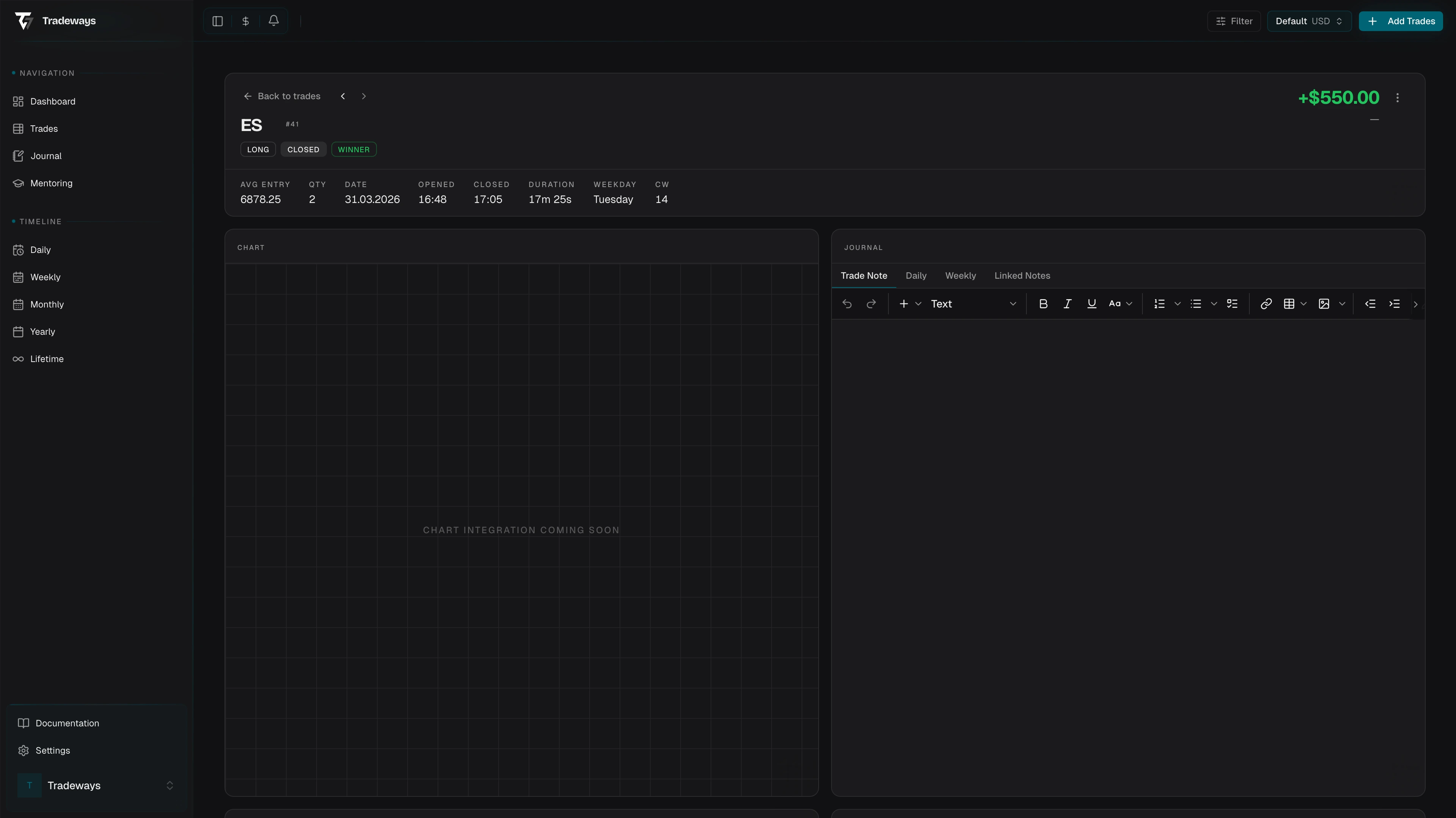 Trade detail adjustments section with swap and commission entries