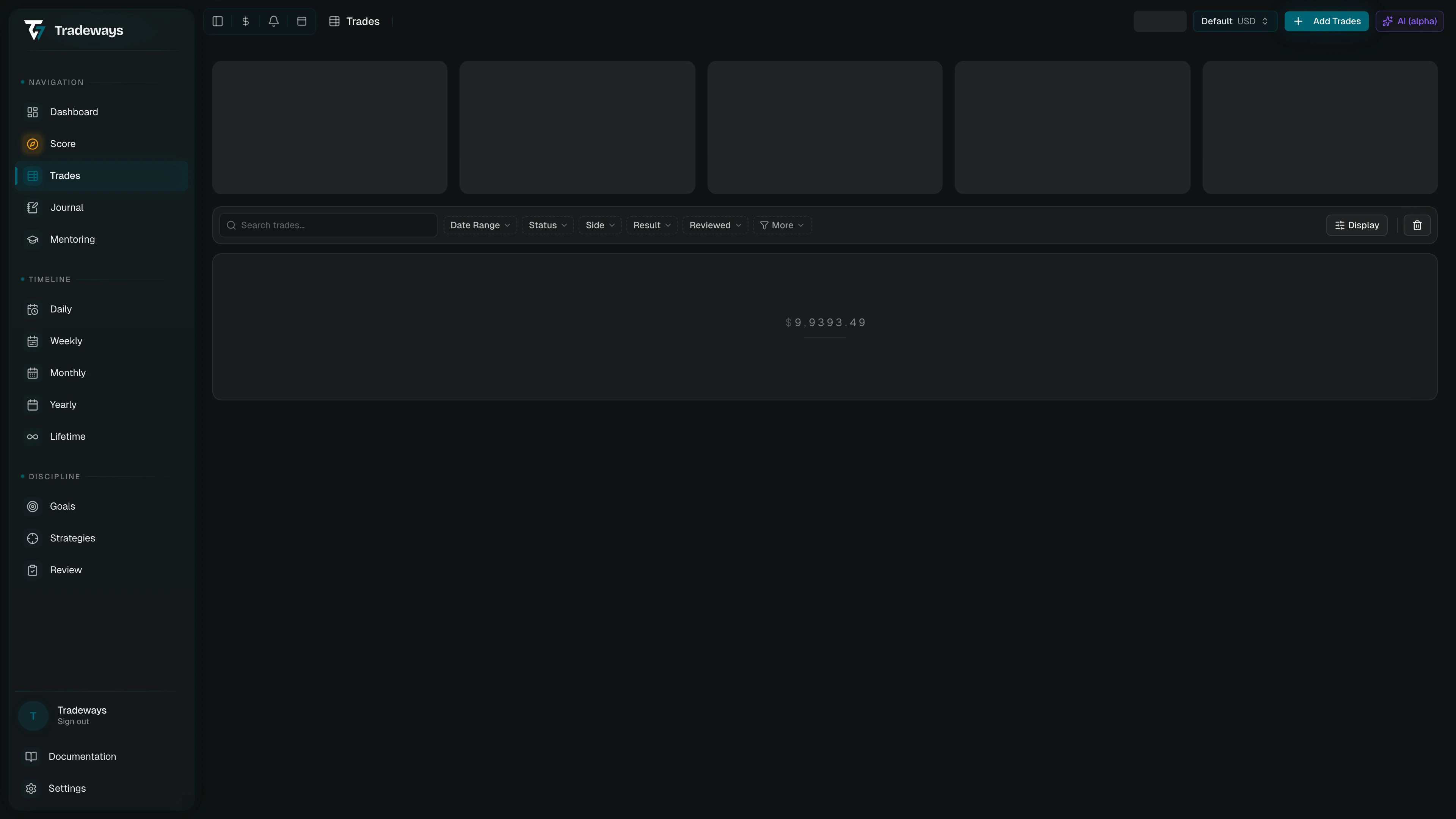 Trade log with toolbar, table, and bulk action bar