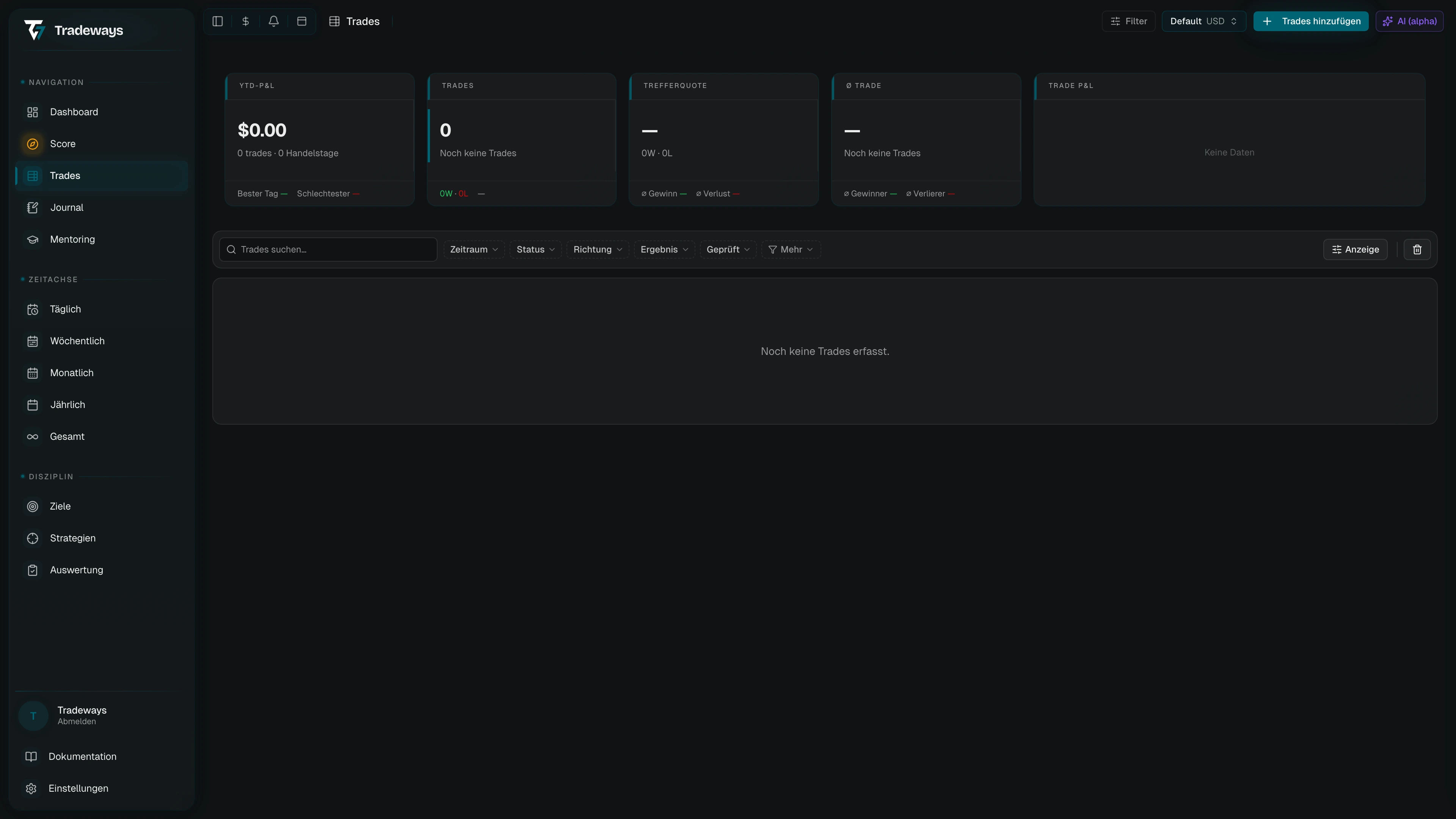 Trade-Log mit Toolbar, Tabelle und Sammelaktionsleiste