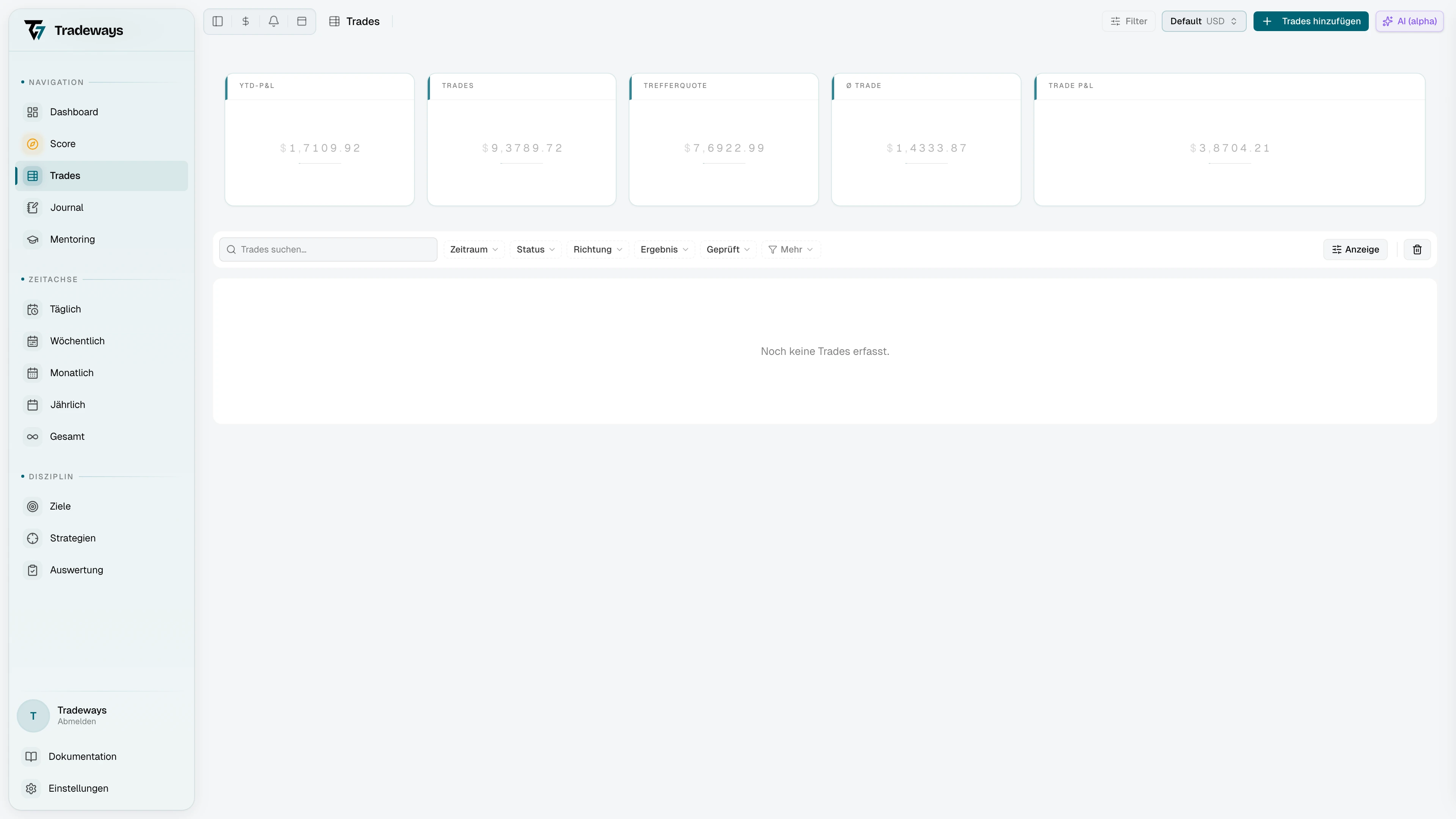 Trade-Log mit Toolbar, Tabelle und Sammelaktionsleiste