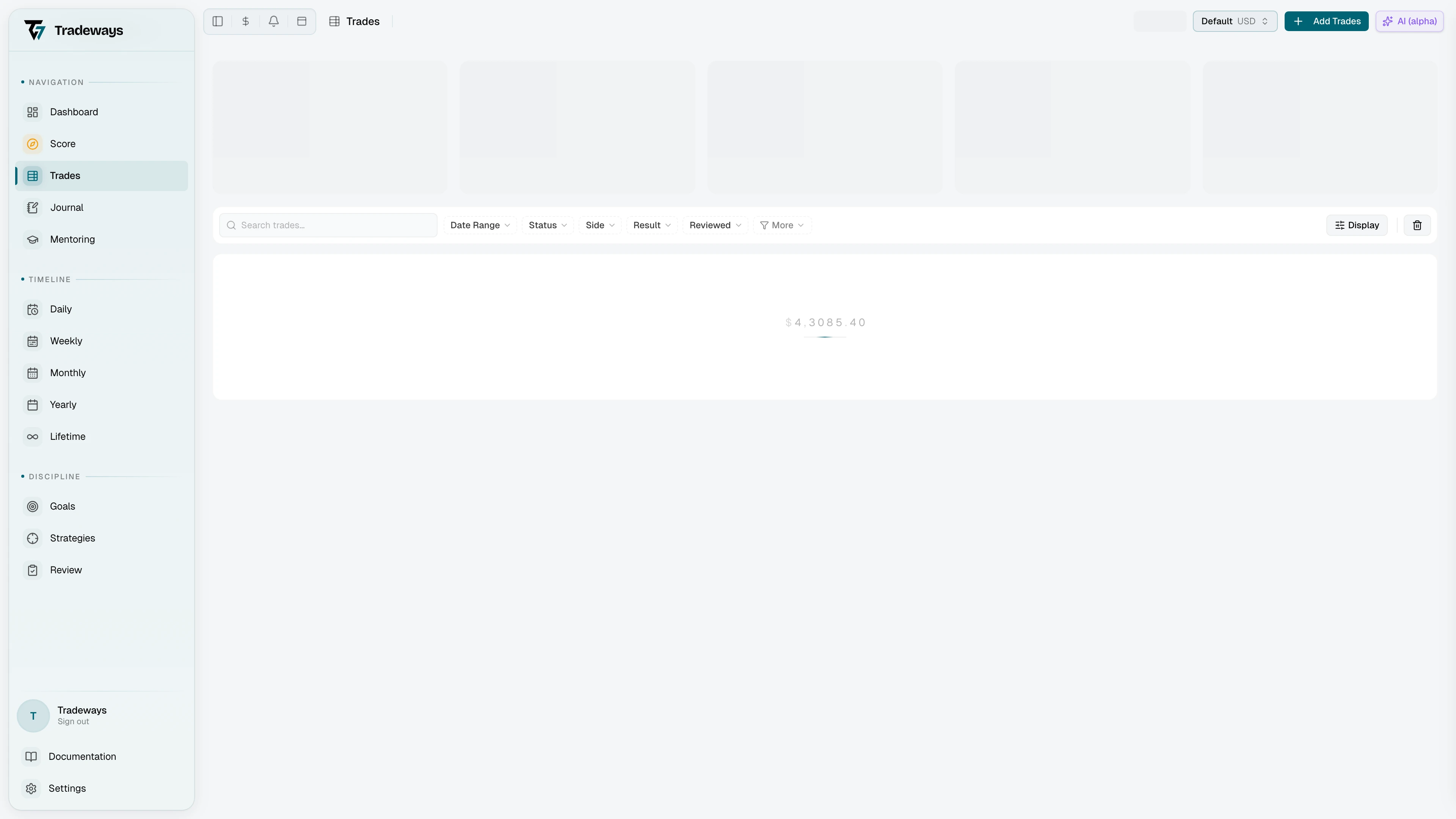 Trade log with toolbar, table, and bulk action bar